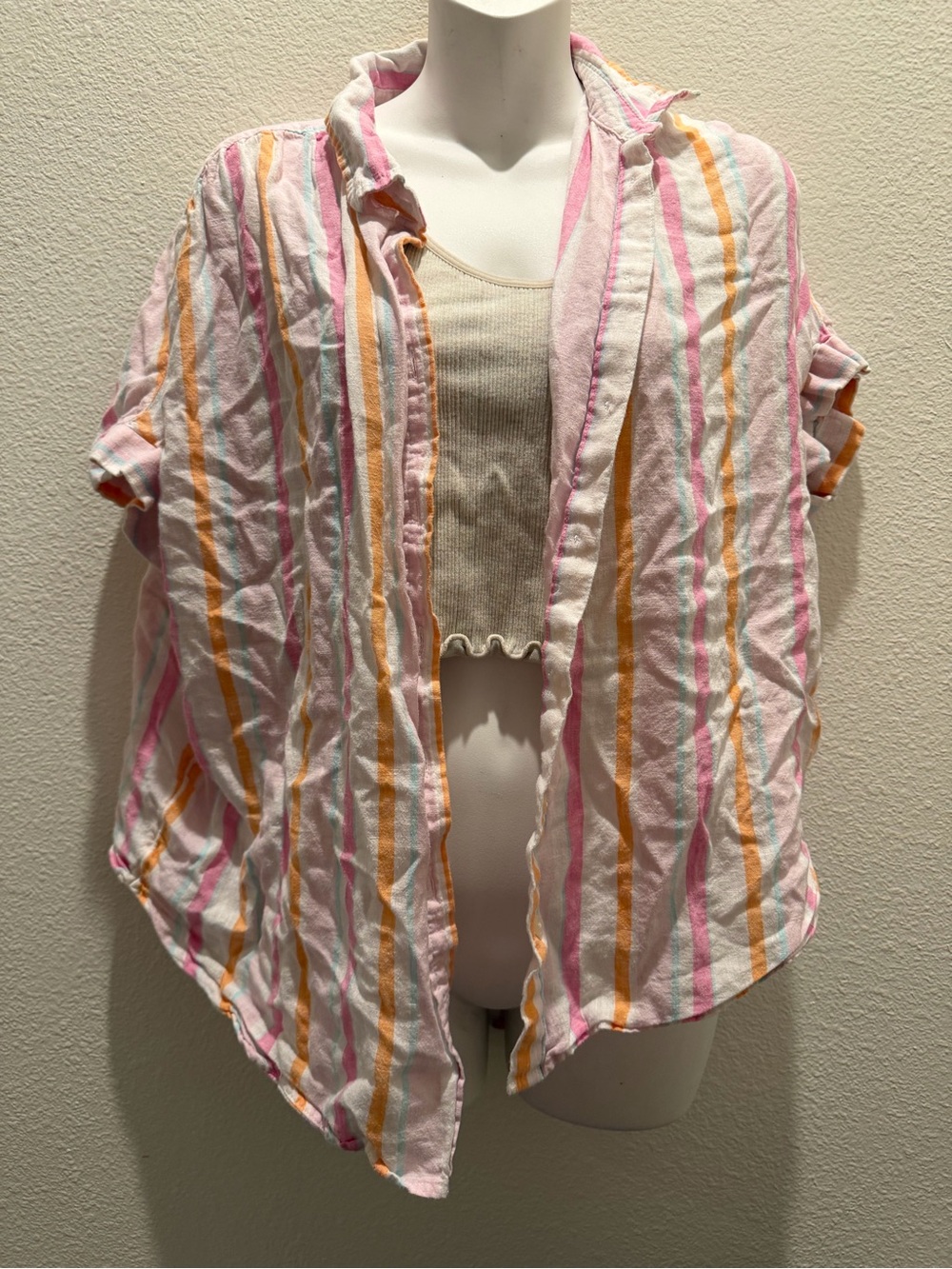 Time and Tru Pastel Striped Short-Sleeve Button Down Shirt
